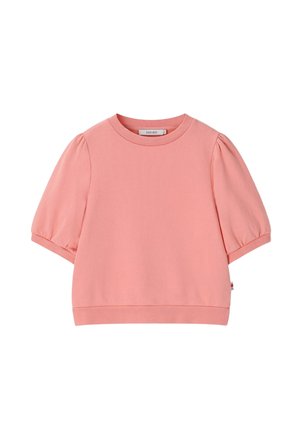 Pull-over rose à manches courtes bouffantes et col rond, confectionné dans un tissu doux et lisse.