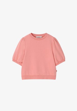 Pull-over rose à manches courtes bouffantes et col rond, confectionné dans un tissu doux et lisse.