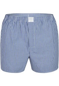 Boxers à carreaux bleus et blancs avec une ceinture élastique et une étiquette. Le tissu semble léger et respirant, présentant un motif vichy classique.