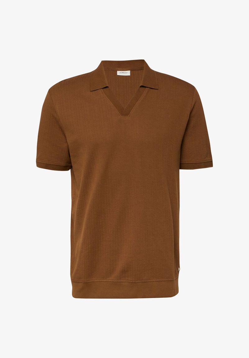 Braunes Kurzarm-Strick-Poloshirt mit offenem V-Ausschnitt und geripptem Saum, präsentiert vor einem schlichten weißen Hintergrund.