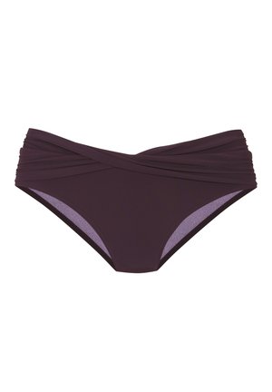 Slip bikini color viola scuro con dettaglio in vita attorcigliata e tessuto liscio ed elastico.