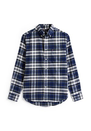 Marineblå og hvit rutete langermet skjorte med krage som kan kneppes, har en brystlomme og en buet søm. Laget av mykt stoff.