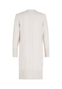 Hellbeige Strickjacke mit einem strukturierten Zopfmuster, das mittig am Rücken verläuft, gerippten Bündchen und Saum sowie dreiviertel langen Ärmeln.