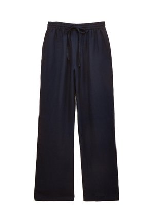 Schwarze weit geschnittene Hose mit elastischem Bund und vorderem Schnürband, aus weichem Stoff, flach auf weißem Hintergrund präsentiert.