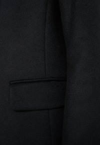 Närbild av svart yllekappa som visar sidoficka med lock och del av ärmen.