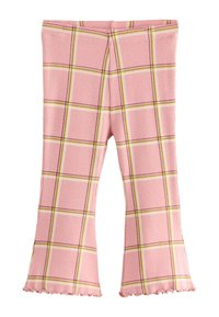 Leggings svasati rosa a quadretti realizzati in tessuto a coste, con linee gialle e viola e orli arricciati alla caviglia.