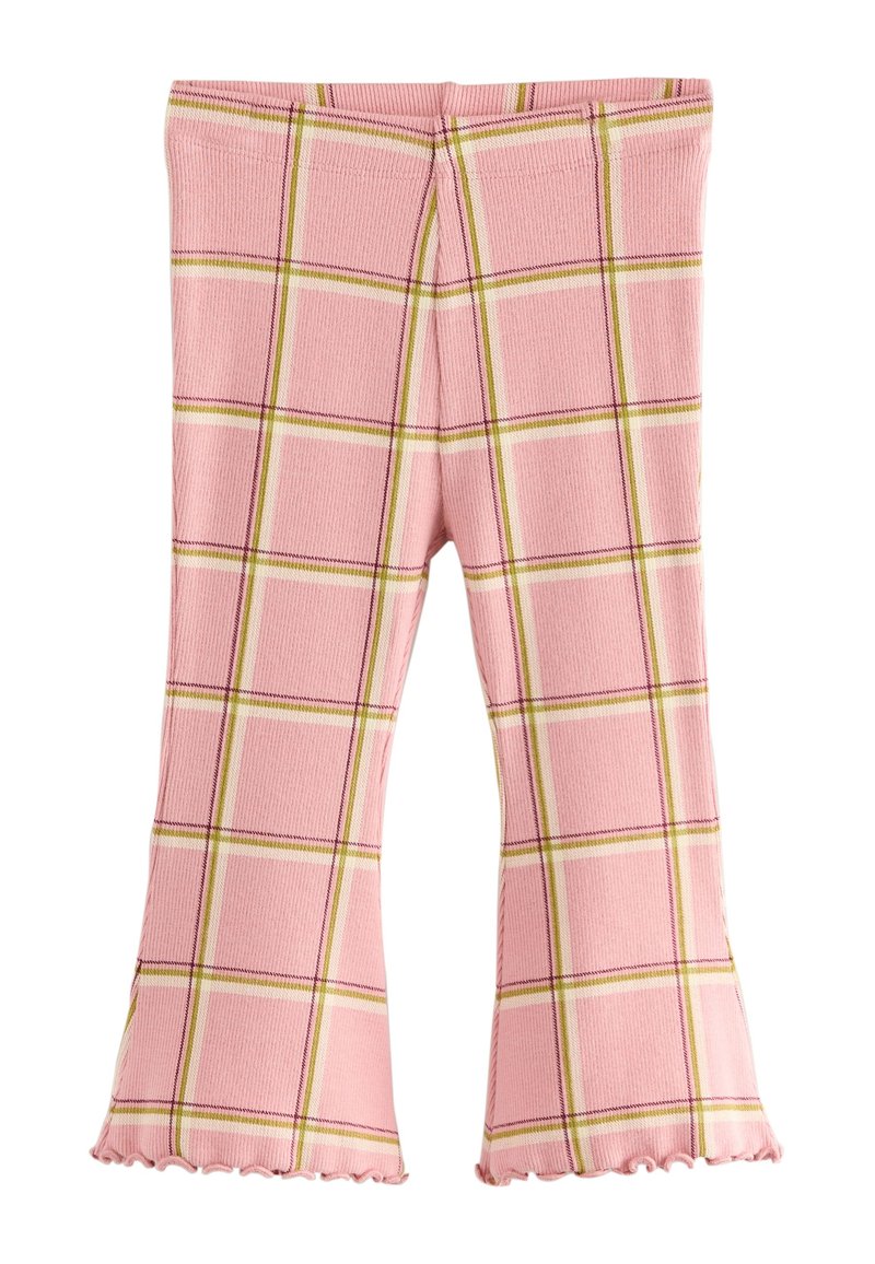 Leggings svasati rosa a quadretti realizzati in tessuto a coste, con linee gialle e viola e orli arricciati alla caviglia.