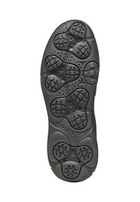Suola in gomma nera con un pattern testurizzato antiscivolo, caratterizzata da forme arrotondate e perforazioni per la traspirabilità, contrassegnata dal marchio "GEOX".