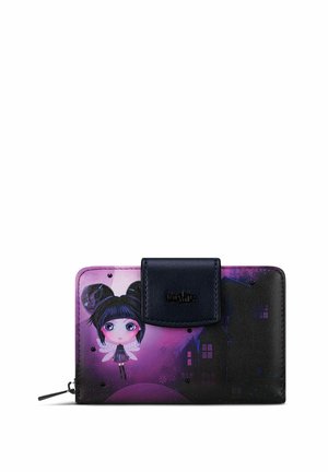 Black and purple wallet with a cartoon fairy on the front, featuring a snap closure, embossed logo, and smooth texture. Zippered side pocket.