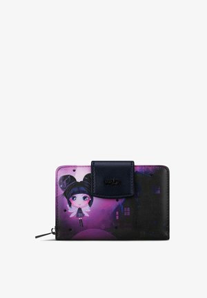 Black and purple wallet with a cartoon fairy on the front, featuring a snap closure, embossed logo, and smooth texture. Zippered side pocket.