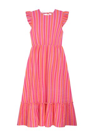 Ärmelloses, gestreiftes Kleid in Rosa- und Orangetönen, mit Rüschenärmeln und gestuftem Saum, aus leichtem Stoff gefertigt.