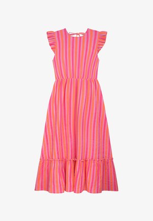 Ärmelloses, gestreiftes Kleid in Rosa- und Orangetönen, mit Rüschenärmeln und gestuftem Saum, aus leichtem Stoff gefertigt.