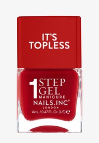 Rød gel-nailpolish i en klar glassflaske. Kappen er lys rød med hvit tekst som sier "DET ER TOPPLØS." Volum 14ml er angitt.