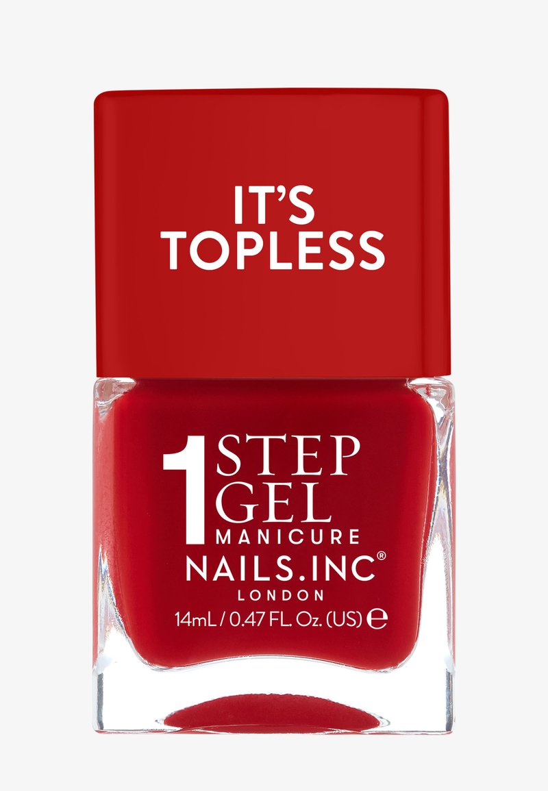 Rød gel-nailpolish i en klar glassflaske. Kappen er lys rød med hvit tekst som sier "DET ER TOPPLØS." Volum 14ml er angitt.