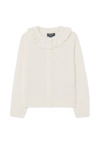 Cardigan para niños color crema de punto con cuello rizado y cierre de botones en el frente, mangas largas y puños y dobladillo de canalé.