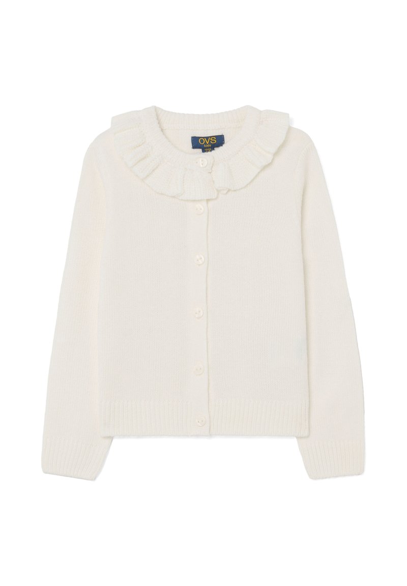 Cardigan para niños color crema de punto con cuello rizado y cierre de botones en el frente, mangas largas y puños y dobladillo de canalé.