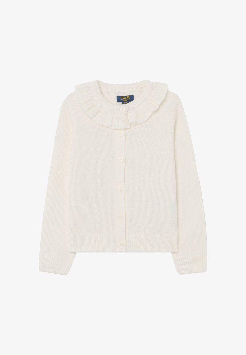 Cardigan para niños color crema de punto con cuello rizado y cierre de botones en el frente, mangas largas y puños y dobladillo de canalé.