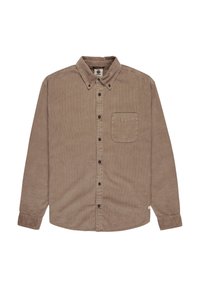 Braunes Cordhemd mit einem Button-Down-Kragen, langen Ärmeln, einer Brusttasche und dunklen Knöpfen entlang der Vorderblende.