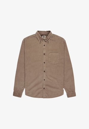 Brun fløjlsskjorte med knap-ned krave, lange ærmer, en brystlomme og mørke knapper langs frontplacket.