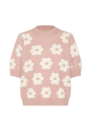 Ružičasti pleteni pulover s kratkim rukavima i bijelim cvjetnim uzorkom ravnomjerno raspoređenim po tkanini.