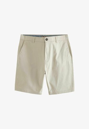 Beige bomuldsshorts med sidelommer, en knaplukning og en glat tekstur. Har et klassisk design og en knælang kant.