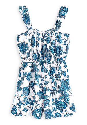 Floral print romper with turquoise and navy flowers on a white background. Features ruffled straps and an elastic waistband for comfort.