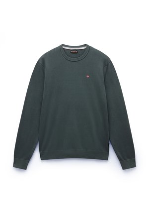 Donkergroene crewneck trui met lange mouwen, geribde manchetten en een klein rood logo op de borst. Gladde stofstructuur, eenvoudig ontwerp.