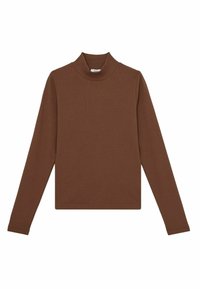 Maglione a collo alto marrone realizzato in tessuto a coste, con maniche lunghe e design aderente, caratterizzato da una texture liscia e privo di motivi visibili.