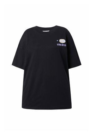 Schwarzes, übergroßes T-Shirt aus Baumwolle mit kurzen Ärmeln und einem grafischen Druck in Blau und Weiß auf der Brust.