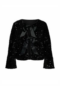 Črna bleščeča jakna z okroglim izrezom, dolgimi rokavi in dvema črnima trakoma spredaj. Teksturirana površina z sijočimi detajli.