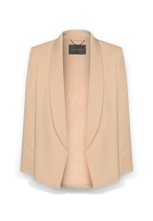 Beige kavaj i ett slätt tyg, med strukturerade axlar och sjalkrage. Har en etikett på nacken och en öppen frontdesign.