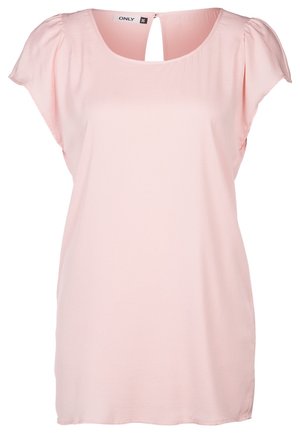 Vaaleanpunainen lyhythihainen pusero pyöreällä pääntiellä ja takana avattava keyhole-aukko, kokolappu näyttää 36, sileä kangas.