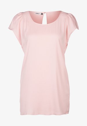 Lichtroze blouse met korte mouwen en een ronde hals met een sleutelgaatje aan de achterkant, maatlabel toont 36, gladde stof.