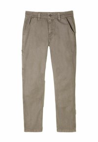 Khaki chinos made of cotton. Straight-leg design with front and side pockets. Features a button closure and subtle fabric texture.