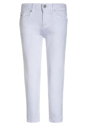 Schmal geschnittene weiße Jeans mit vorderem Knopf und Reißverschluss, fünf Taschen und Gürtelschlaufen.