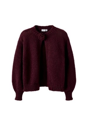 Cardigan en maille bordeaux avec un col rond, une fermeture frontale courte et des manches volumineuses. Comprend des poignets et un ourlet côtelés.