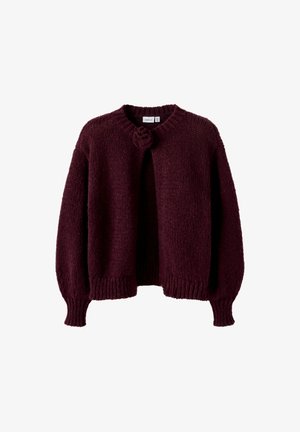 Burgundia kudumist kampsun ümarate kaelustega, lühikese esikinnitusega ning volüümsete varrukatega. Omab soonikservi varrukatel ja allääres.