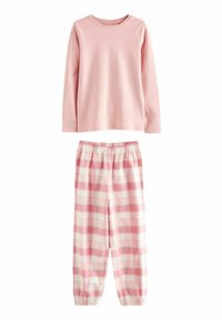 Langermige roze pyjama-top met een ronde hals, gecombineerd met roze en witte broeken met een elastische taille en een ruitpatroon met kleine sterren. Gemaakt van zacht katoen.