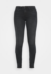 Pantalones vaqueros ajustados negros hechos de denim, que presentan un diseño clásico de cinco bolsillos, cierre de botón y un leve desvanecimiento en los muslos.