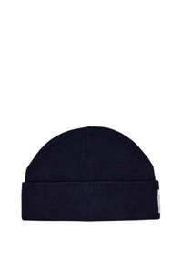 Berretto lavorato a maglia blu navy con risvolto. Realizzato in tessuto morbido e elasticizzato, presenta una corona senza cuciture e senza marchio visibile.