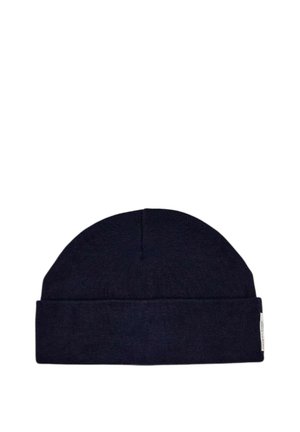 Berretto lavorato a maglia blu navy con risvolto. Realizzato in tessuto morbido e elasticizzato, presenta una corona senza cuciture e senza marchio visibile.