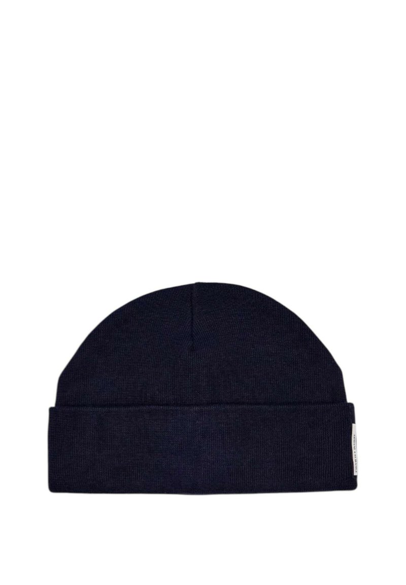 Berretto lavorato a maglia blu navy con risvolto. Realizzato in tessuto morbido e elasticizzato, presenta una corona senza cuciture e senza marchio visibile.