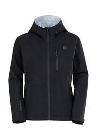 Veste imperméable noire avec fermeture éclair à l'avant, capuche ajustable et poche poitrine. Comprend un tissu texturé et un logo sur le côté.
