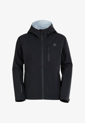 Mustapohjainen vedenpitävä takki, jossa on vetoketju edessä, säädettävä huppu ja rintatasku. Ominaisuuksiin kuuluvat teksturoidut kankaat ja logo sivussa.