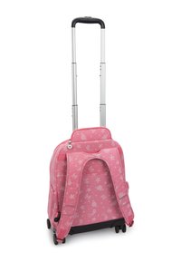 Zaino rotolante rosa con motivi floreali, spallacci imbottiti e manico estensibile. Dotato di due ruote per una facile mobilità.