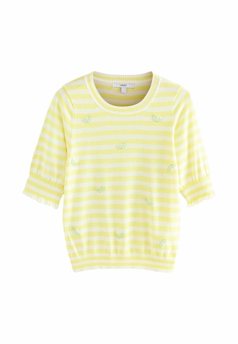 Haut tricoté à manches courtes rayé jaune et blanc avec petits détails brodés verts de tranches de citron et encolure ronde.