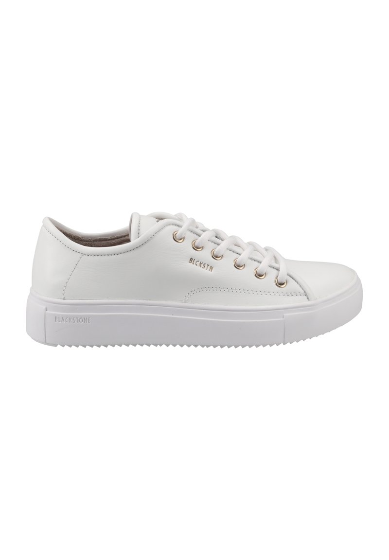 White leather sneaker with round toe, six eyelets, gold-tone hardware accents, and a textured white rubber sole. Branding visible on the side.