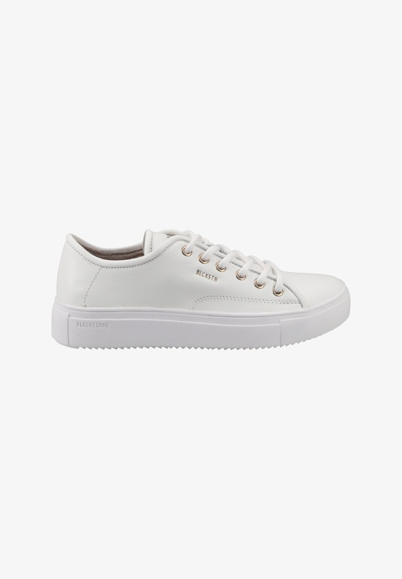 White leather sneaker with round toe, six eyelets, gold-tone hardware accents, and a textured white rubber sole. Branding visible on the side.