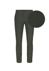 Pantalon slim fit vert foncé avec fermeture par bouton et zip, passants pour ceinture, et gros plan montrant le motif texturé du tissu.
