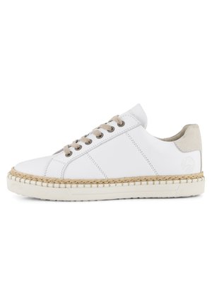 Witte leren sneakers met beige accenten, ronde neus, tonale stiksels en een gevlochten jute tussenzool. Voorzien van vetersluiting en logo op de hiel.